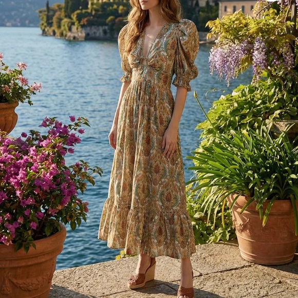 Women's Paisley Puff-Sleeve V-Neck Maxi Dress - Olive/Tan - Picture 2 of 15